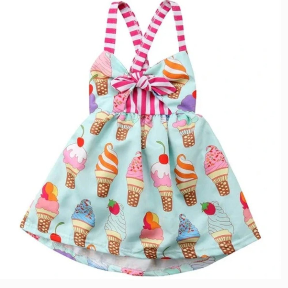 Toddler Baby Girls Summer Skirt Ice Cream Print Sleeveless Strap Backless Dress